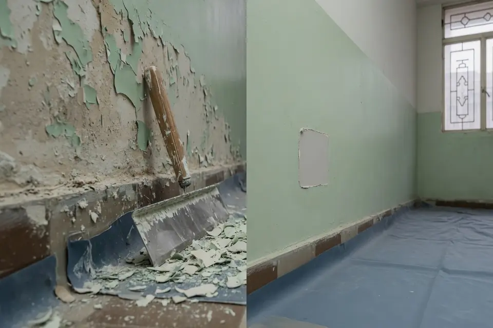 同一面牆：大面積甩皮對比局部破損